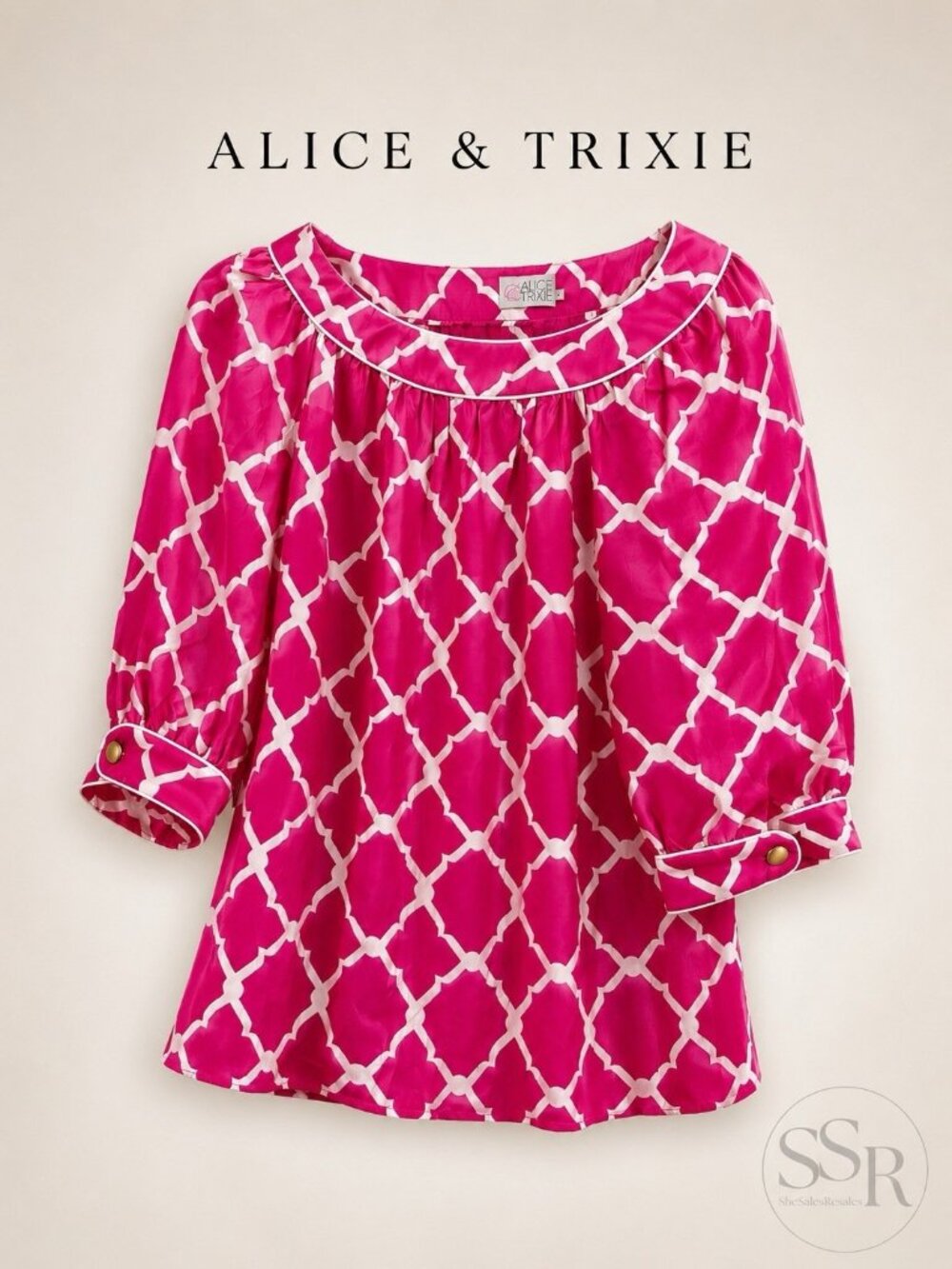 Alice & Trixie Silk Blouse M Hot Pink White Quatrefoil Geometric 3/4 Sleeve